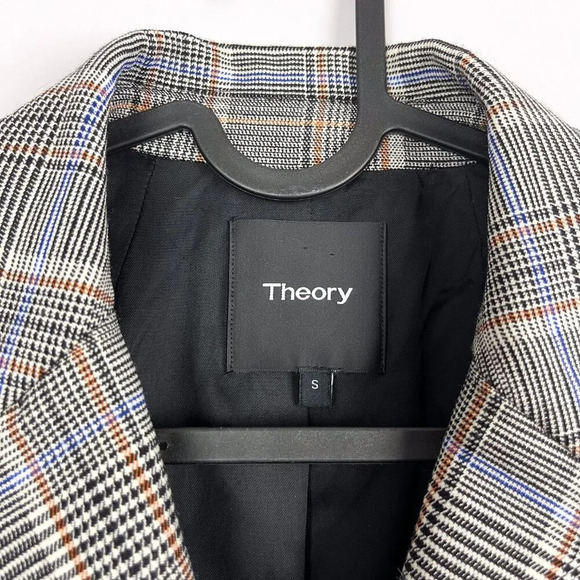 Theory Women's Small Double-Breasted Plaid Wool Coat in Blue Brown Grey Check - Picture 5 of 11